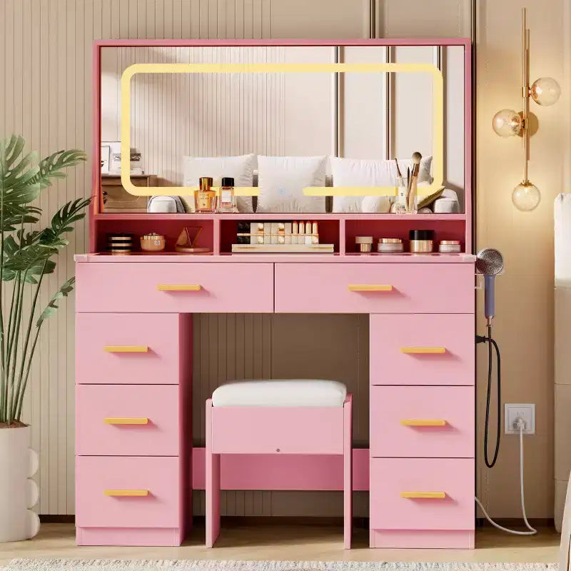 Coiffeuse de maquillage de 106 cm avec grand miroir et 8 tiroirs, table de toilette moderne avec plateau en verre, tabouret de rangement, pour chambre à coucher ou dressing