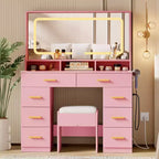 Coiffeuse de maquillage de 106 cm avec grand miroir et 8 tiroirs, table de toilette moderne avec plateau en verre, tabouret de rangement, pour chambre à coucher ou dressing