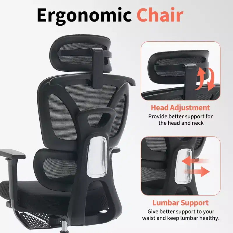 Chaise de bureau ergonomique en maille pour bureau à domicile, bureau, jeu Soutien lombaire réglable, accoudoirs 3D, appuie-tête et repose-pieds Maille noire respirante, cadre noir