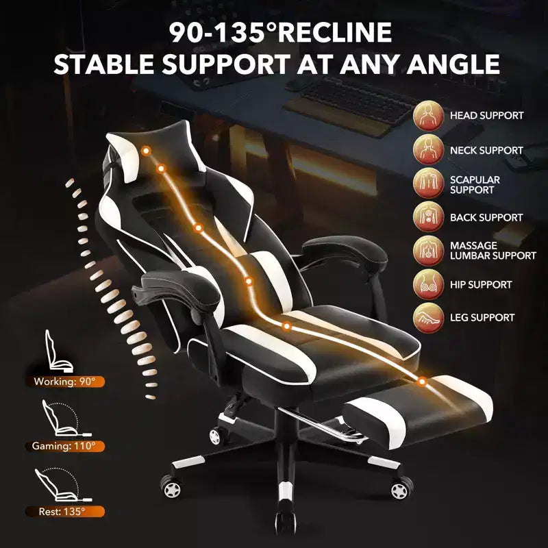 Coolmee Fauteuil de Bureau Grand Format, Chaise de Gaming en Cuir à Dossier Haut avec Repose-Pieds, Chaise d'Ordinateur Ergonomique avec Soutien Lombaire et Appui-Tête