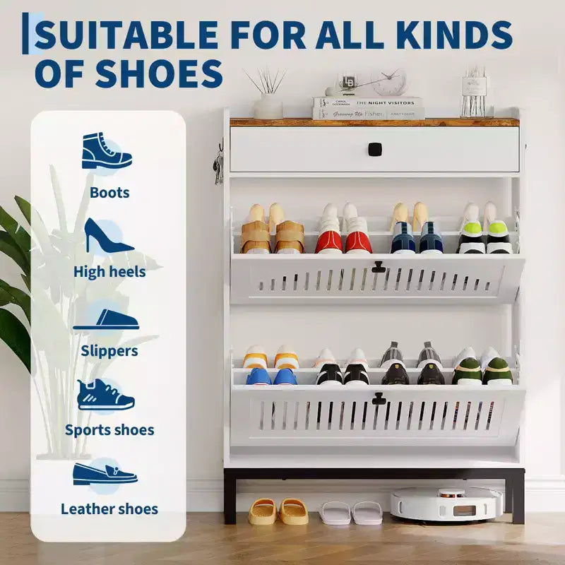 Meuble à chaussures avec 2 tiroirs abattants, Organisateur de chaussures avec tiroir supérieurPanneau ajouré et poignées carrées noires, Étagère à chaussures réglable