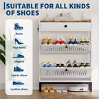 Meuble à chaussures avec 2 tiroirs abattants, Organisateur de chaussures avec tiroir supérieurPanneau ajouré et poignées carrées noires, Étagère à chaussures réglable