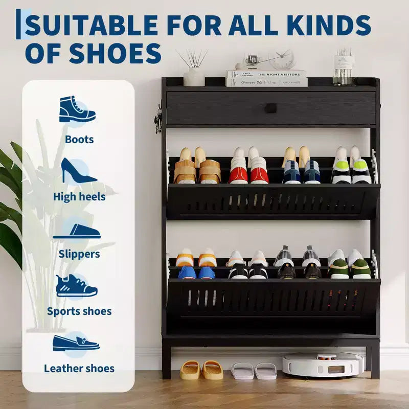 Meuble à chaussures avec 2 tiroirs abattants, Organisateur de chaussures avec tiroir supérieurPanneau ajouré et poignées carrées noires, Étagère à chaussures réglable