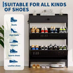 Meuble à chaussures avec 2 tiroirs abattants, Organisateur de chaussures avec tiroir supérieurPanneau ajouré et poignées carrées noires, Étagère à chaussures réglable