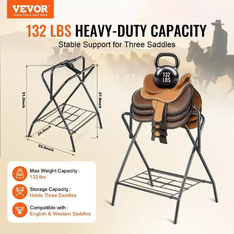 VIYET 31,5 Pack de 2 supports de selle pliants, robustes en acier autoportants, porte-couvertures portables pour selles anglaises/western, rangement de sellerie, noir