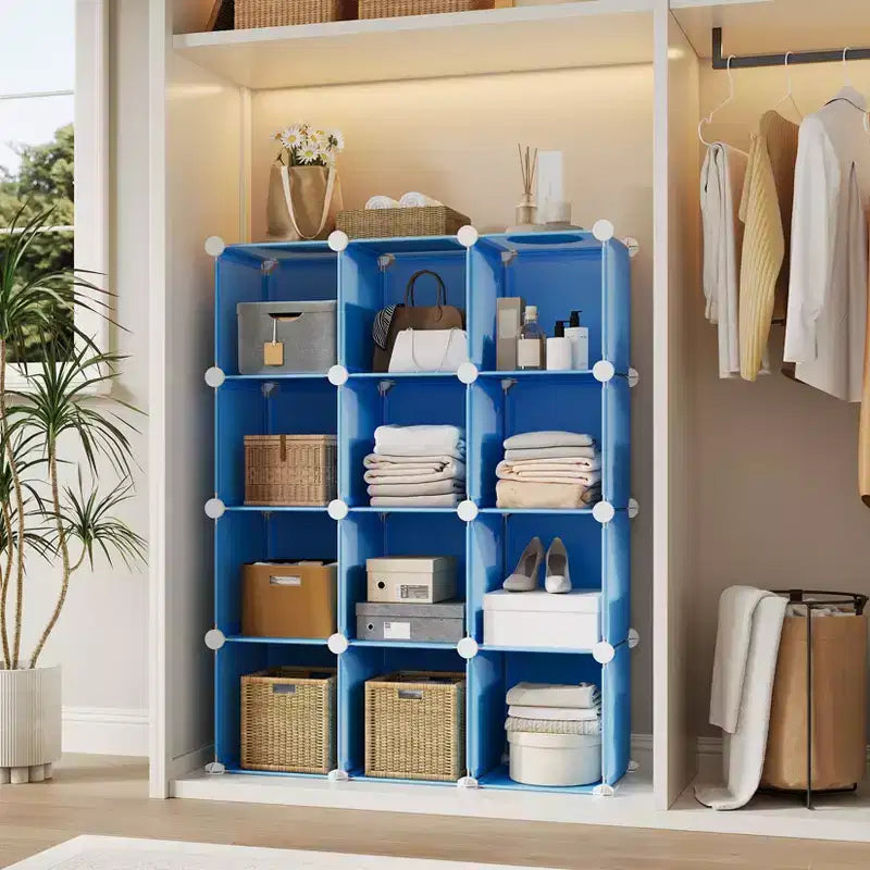 Lot de 12 Organiseurs de Rangement Modulaires, Unité d'Étagères Empilables en Plastique et Acier à 6 Cubes avec Kit de Sécurité Anti-Basculement, pour Placard, Chambre et Bureau Personnalisés