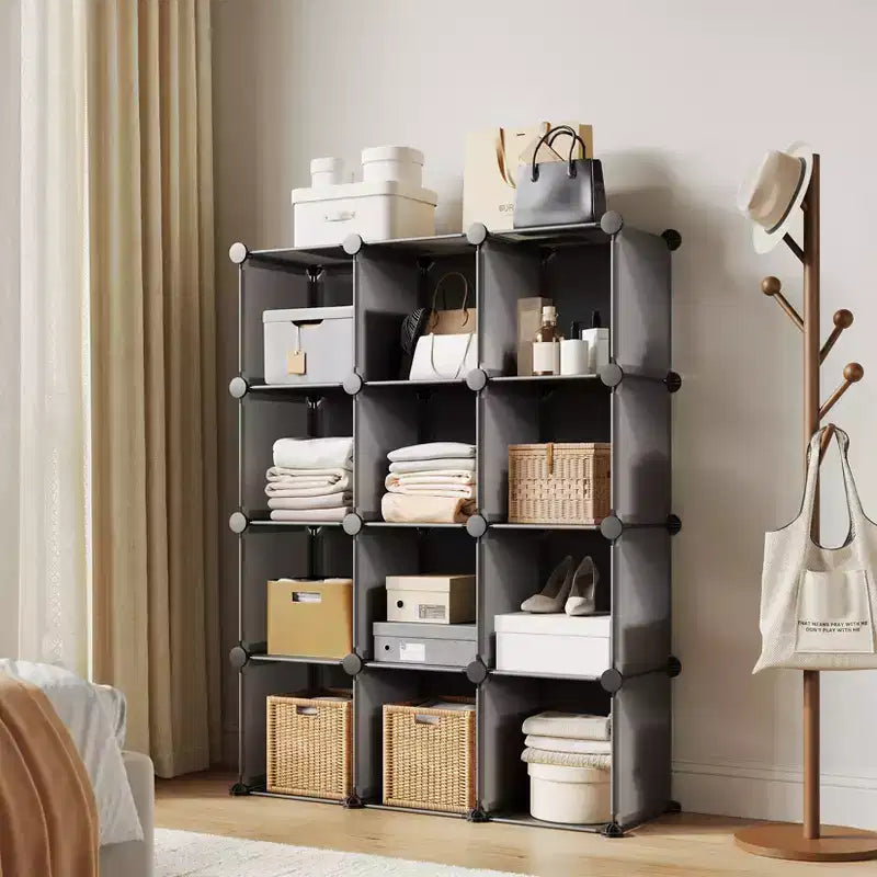 Lot de 12 Organiseurs de Rangement Modulaires, Unité d'Étagères Empilables en Plastique et Acier à 6 Cubes avec Kit de Sécurité Anti-Basculement, pour Placard, Chambre et Bureau Personnalisés