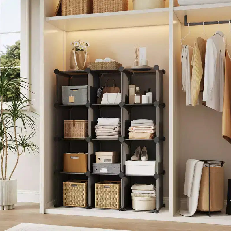 Lot de 12 Organiseurs de Rangement Modulaires, Unité d'Étagères Empilables en Plastique et Acier à 6 Cubes avec Kit de Sécurité Anti-Basculement, pour Placard, Chambre et Bureau Personnalisés