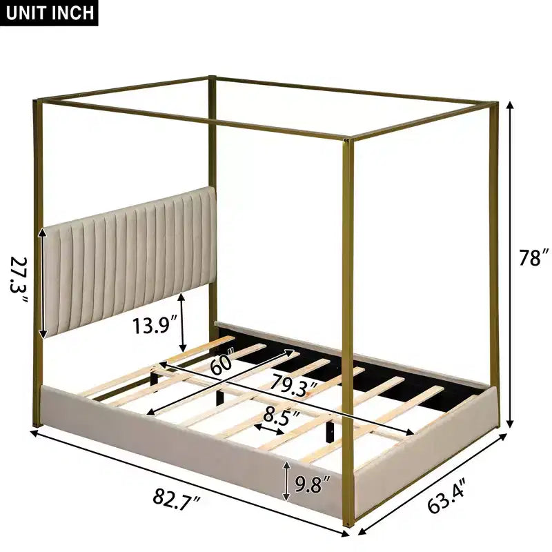 Lit plateforme Polibi Velvet Canopy avec tête de lit capitonnée et cadre métallique