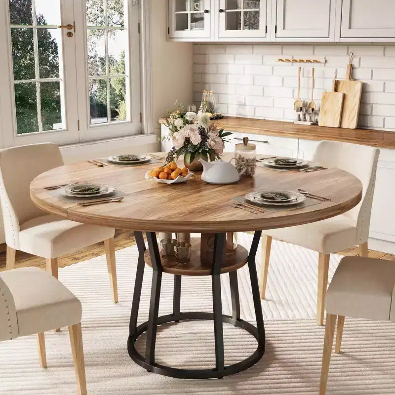 Table à manger ronde de 47 pouces pour 4 personnes, table de salle à manger circulaire de style ferme, meubles de cuisine et de salle à manger en bois peu encombrants, tables rondes