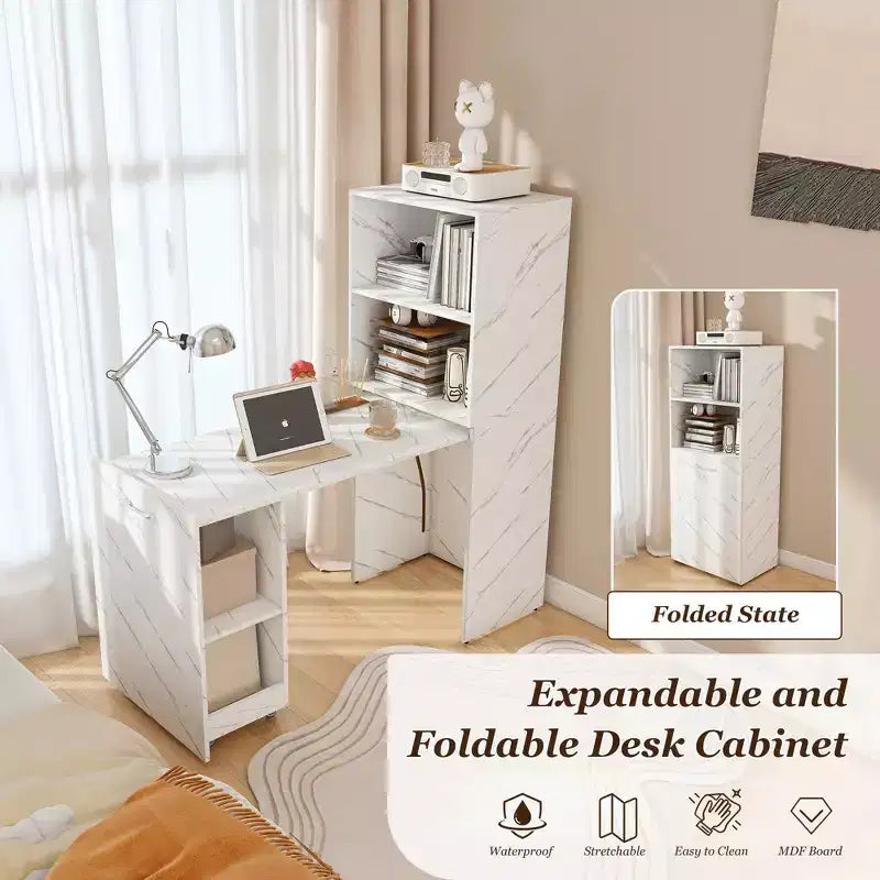 Bureau extensible avec rangements et roulettes, bureau pliable pour petits espaces, marbre blanc