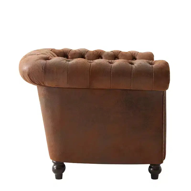 Fauteuil club Chesterfield, fauteuil d'appoint rembourré, fauteuil simple, fauteuil de loisirs avec accoudoirs volutes, garniture cloutée et pieds en bois massif, marron - ModernLuxe