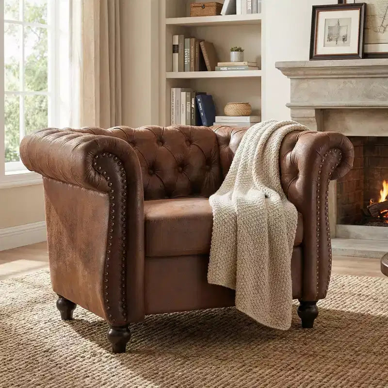 Fauteuil club Chesterfield, fauteuil d'appoint rembourré, fauteuil simple, fauteuil de loisirs avec accoudoirs volutes, garniture cloutée et pieds en bois massif, marron - ModernLuxe