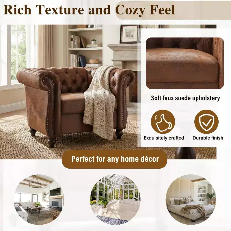 Fauteuil club Chesterfield, fauteuil d'appoint rembourré, fauteuil simple, fauteuil de loisirs avec accoudoirs volutes, garniture cloutée et pieds en bois massif, marron - ModernLuxe