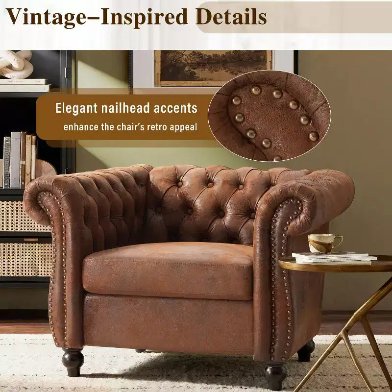 Fauteuil club Chesterfield, fauteuil d'appoint rembourré, fauteuil simple, fauteuil de loisirs avec accoudoirs volutes, garniture cloutée et pieds en bois massif, marron - ModernLuxe