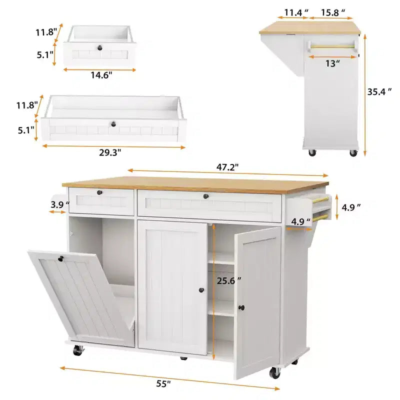 Desserte de cuisine roulante avec rangement, îlot de 140 cm de large sur roulettes avec étagère à épices, porte-serviettes, porte-couteaux et rangement pour poubelle.