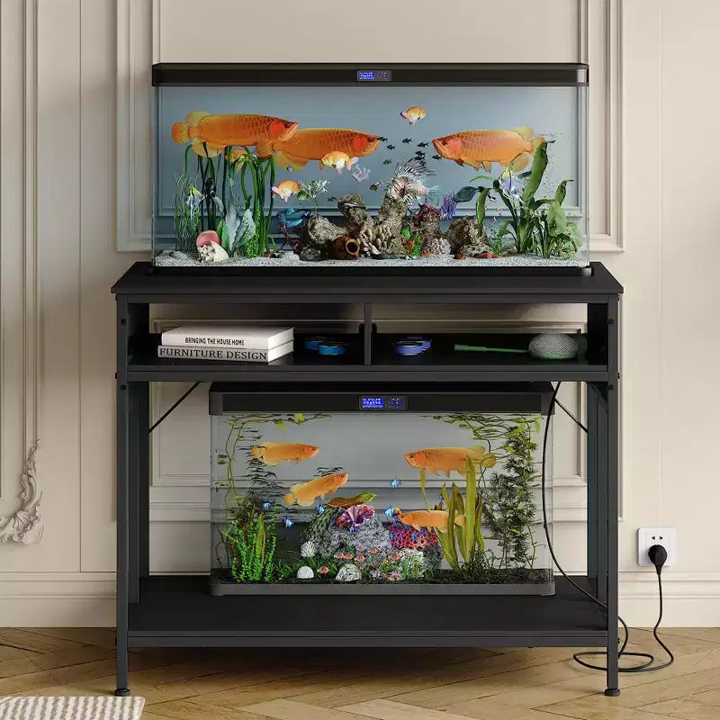 Heavy Duty Fish Tank Stand with Power Outlet, 40-50 Gallon Double Metal Aquarium/Reptile Terrarium Table, 2 Storage Drawers & Height Adjustable Feet