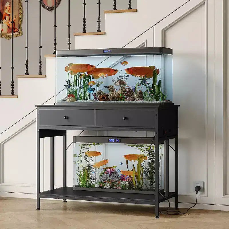 Meuble robuste pour aquarium avec prise de courant, table double en métal pour aquarium/terrarium de 40 à 50 gallons, 2 tiroirs de rangement et pieds réglables en hauteur