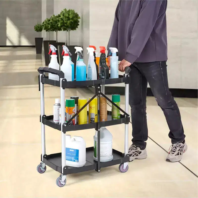 Chariot de rangement pliable à 3 étagères avec roulettes verrouillables et poignée – Capacité de 75 kg