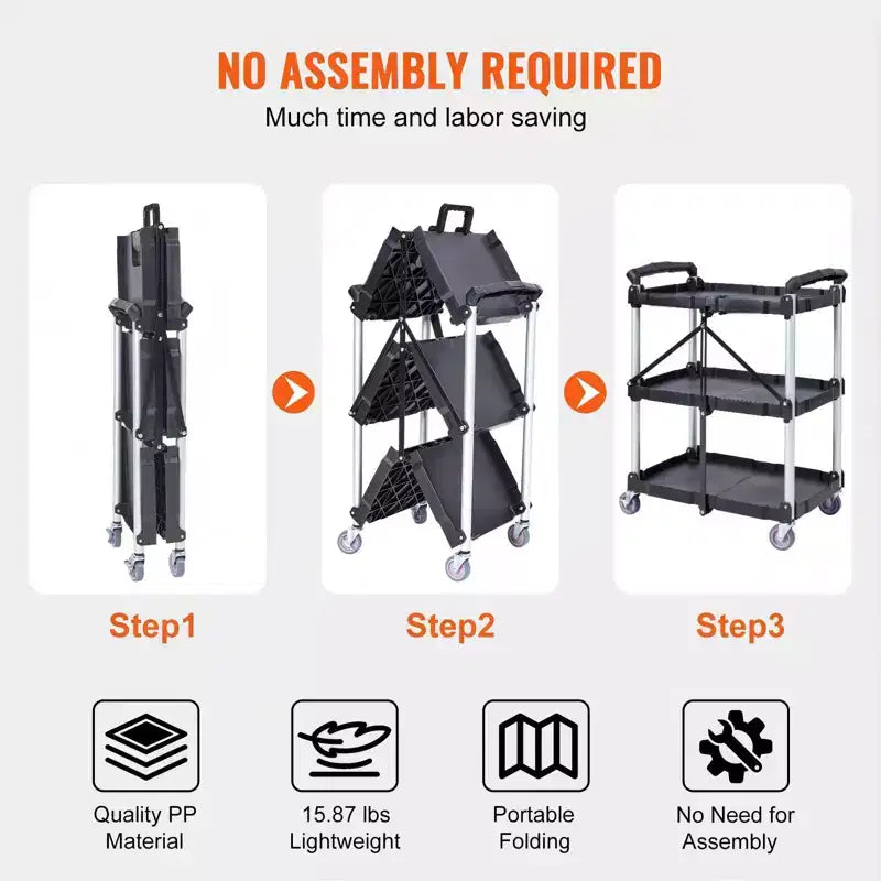 Chariot de rangement pliable à 3 étagères avec roulettes verrouillables et poignée – Capacité de 75 kg