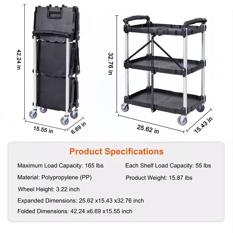 Chariot de rangement pliable à 3 étagères avec roulettes verrouillables et poignée – Capacité de 75 kg