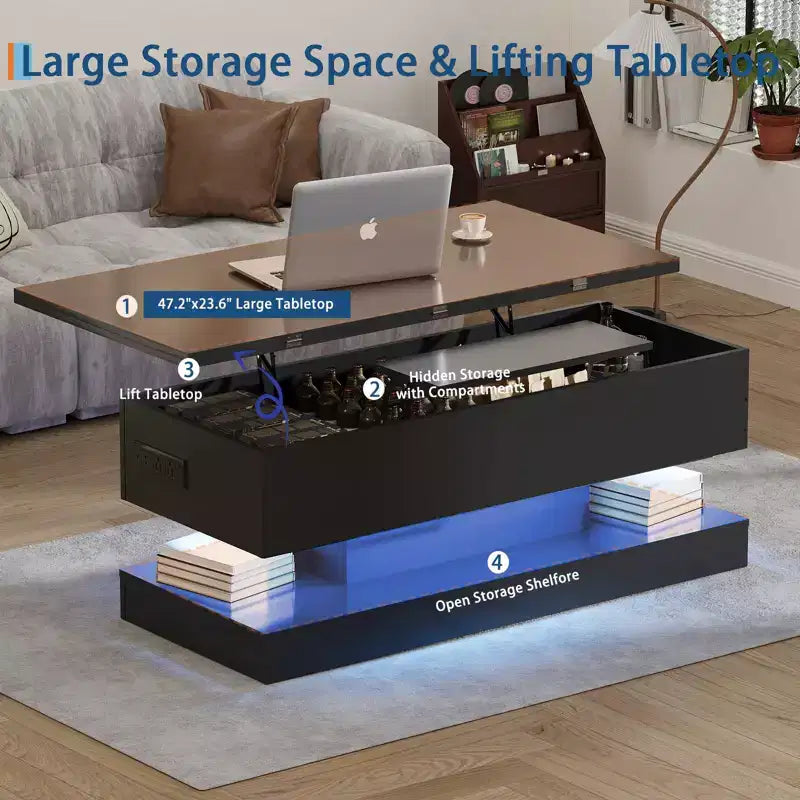 Table basse relevable moderne de 120 cm - Hauteur réglable et capacité de 80 kg pour salon, salle à manger et bureau