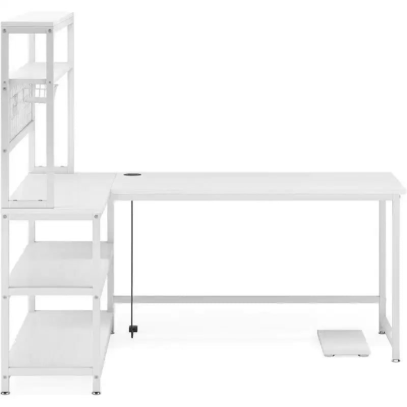 Bureau d'angle Lantine, bureau réversible de 140 cm avec chargeur sans fil et étagère pour bureau à domicile, blanc