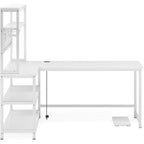 Bureau d'angle Lantine, bureau réversible de 140 cm avec chargeur sans fil et étagère pour bureau à domicile, blanc