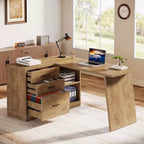 Lantine 55-Inch L-Shaped Computer Desk with 3 Drawers, Corner Home Office Desk with Storage Shelves for Work Writing, Gaming, Farmhouse Brown