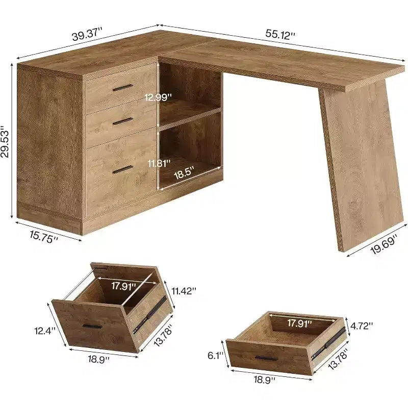 Bureau d'angle L-Lantine 55 pouces avec 3 tiroirs, étagères de rangement pour le travail, l'écriture, le jeu, marron rustique