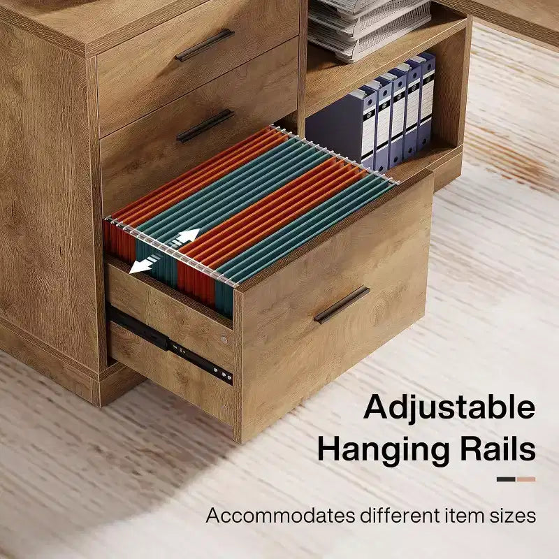 Bureau d'angle L-Lantine 55 pouces avec 3 tiroirs, étagères de rangement pour le travail, l'écriture, le jeu, marron rustique