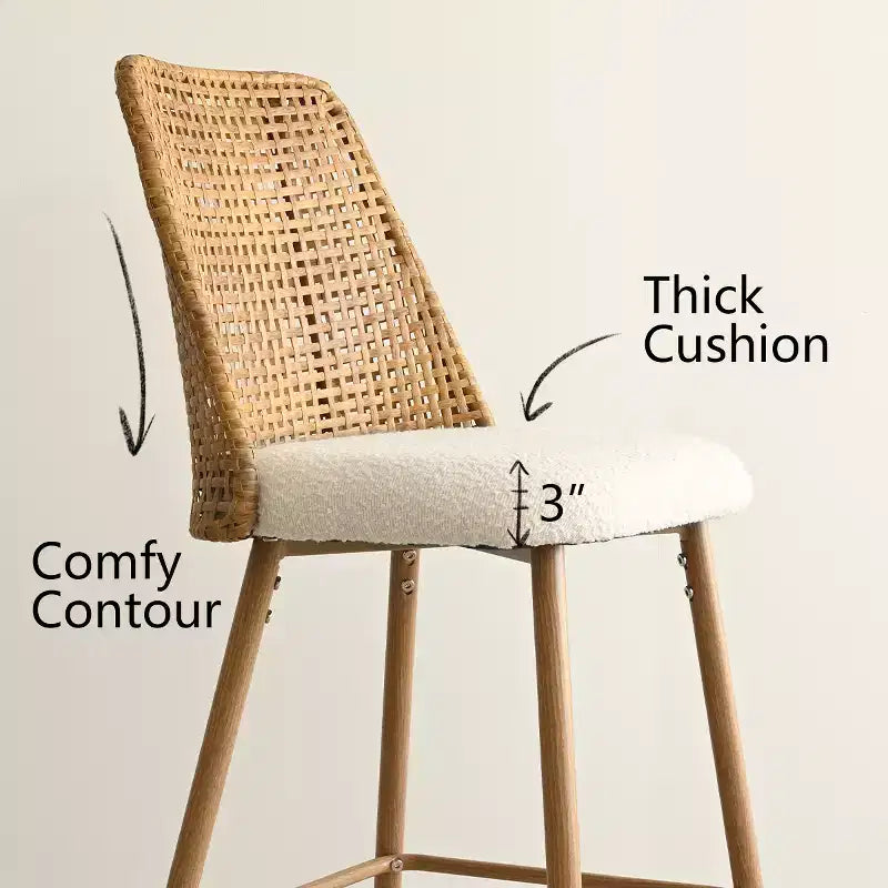 Lot de 6 tabourets de bar à hauteur de comptoir en bouclette et rotin, 27" Chaises d'îlot de cuisine modernes bohèmes avec pieds en métal finition chêne - Panipeachy