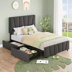 Twin Size Bed Frame with Adjustable Headboard and 2 Drawers, Wooden Slats Support,No Box Spring Needed, Easy Assembly