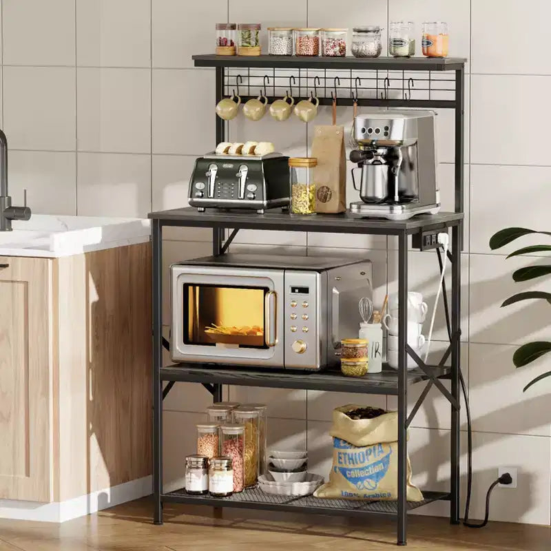 Qwatto Kitchen Bakers Rack with Power Outlets 31.5 Inch Coffee Bar Station 4 Tier Microwave Stand Storage Shelf with S Hooks Black Oak Utility Table