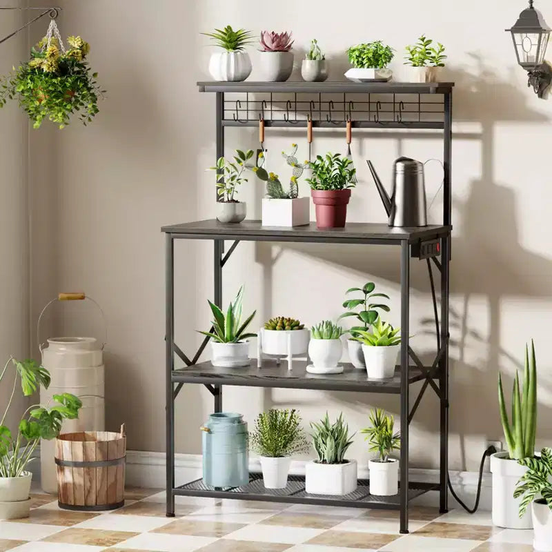 Étagère de boulangerie Qwatto Kitchen avec prises de courant, station de café de 80 cm, support de micro-ondes à 4 niveaux, étagère de rangement avec crochets en S, table utilitaire en chêne noir