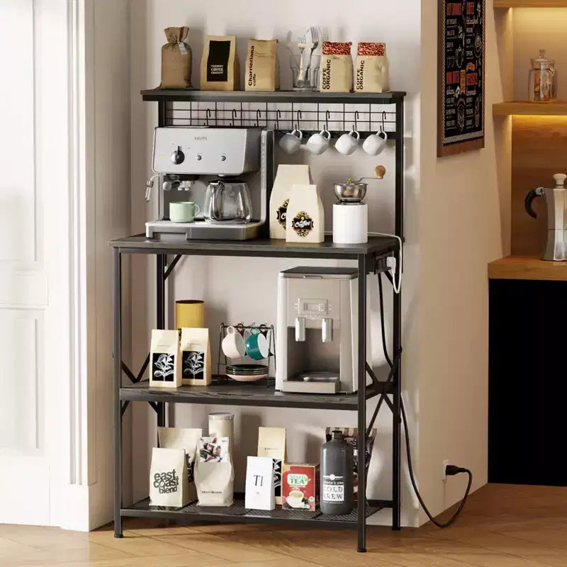 Étagère de boulangerie Qwatto Kitchen avec prises de courant, station de café de 80 cm, support de micro-ondes à 4 niveaux, étagère de rangement avec crochets en S, table utilitaire en chêne noir