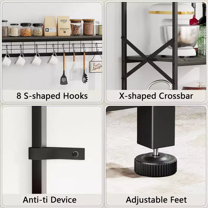 Étagère de boulangerie Qwatto Kitchen avec prises de courant, station de café de 80 cm, support de micro-ondes à 4 niveaux, étagère de rangement avec crochets en S, table utilitaire en chêne noir