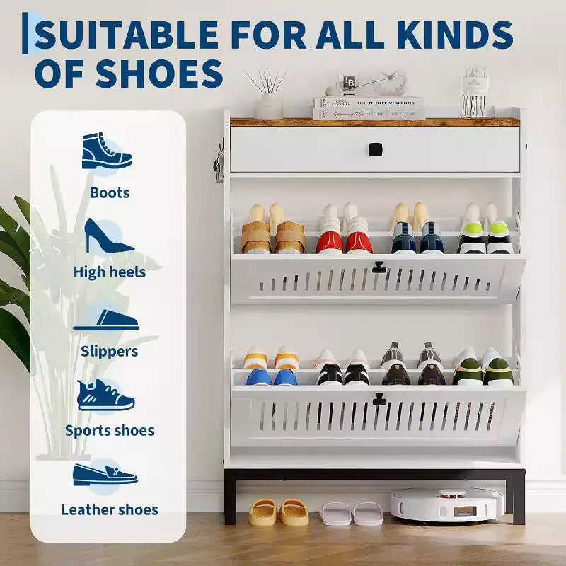 Meuble à chaussures avec 2 tiroirs abattants, Organisateur de chaussures avec tiroir supérieur, Panneau ajouré et poignées carrées, Étagère à chaussures réglable pour entrée