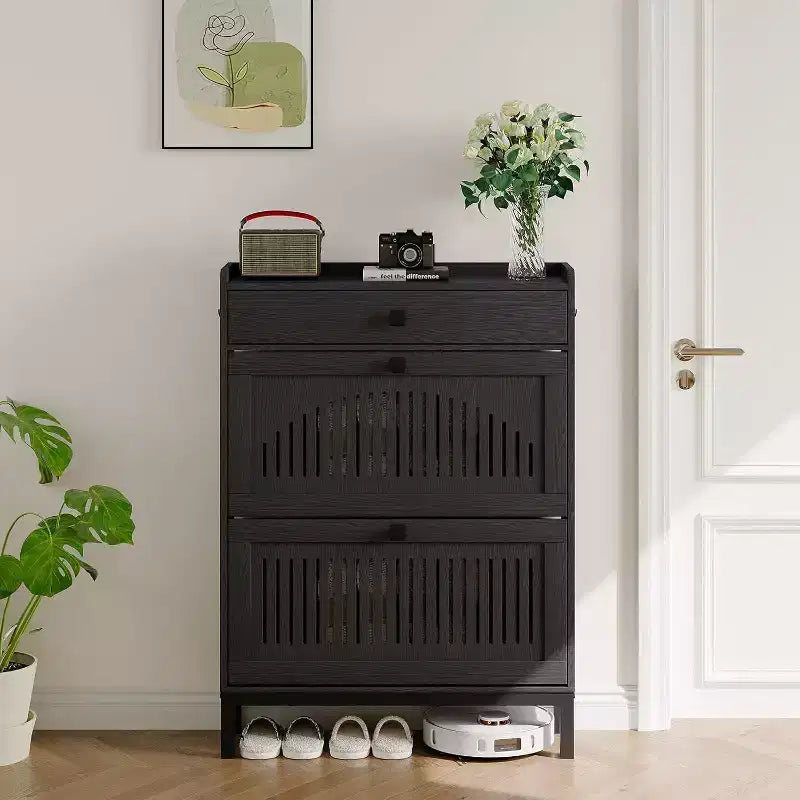 Meuble à chaussures avec 2 tiroirs abattants, Organisateur de chaussures avec tiroir supérieur, Panneau ajouré et poignées carrées, Étagère à chaussures réglable pour entrée