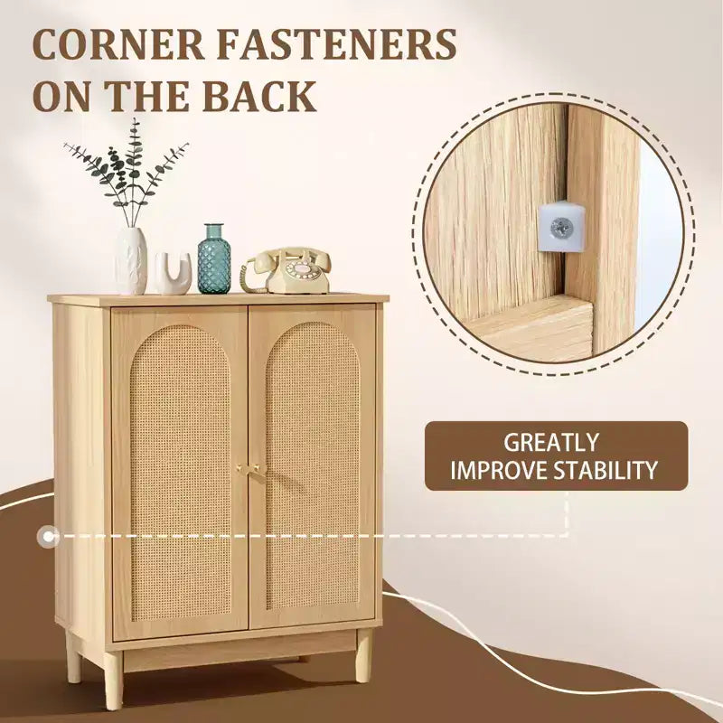 Meuble de salle de bain en bois original avec surface en rotin et doubles portes