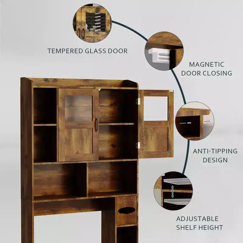Meuble de rangement WC - 67,4 h Organisateur de rangement de salle de bain avec porte en verre, étagères réglables, meuble peu encombrant pour toilettes, buanderie