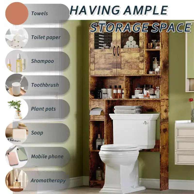 Meuble de rangement WC - 67,4 h Organisateur de rangement de salle de bain avec porte en verre, étagères réglables, meuble peu encombrant pour toilettes, buanderie