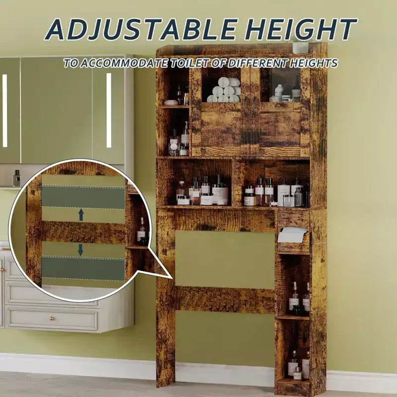 Meuble de rangement WC - 67,4 h Organisateur de rangement de salle de bain avec porte en verre, étagères réglables, meuble peu encombrant pour toilettes, buanderie