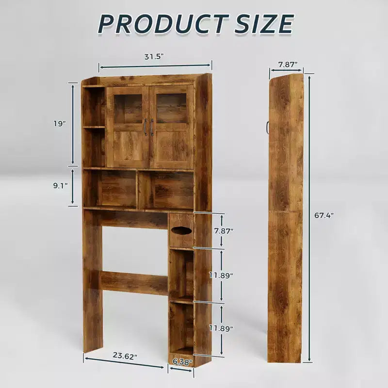 Meuble de rangement WC - 67,4 h Organisateur de rangement de salle de bain avec porte en verre, étagères réglables, meuble peu encombrant pour toilettes, buanderie