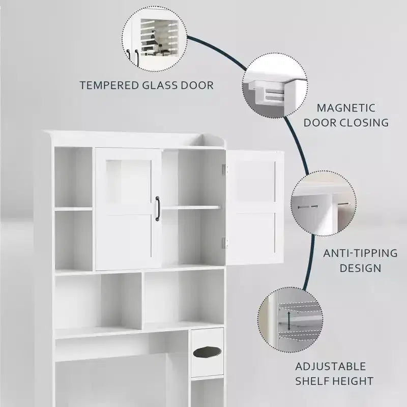 Meuble de rangement WC - 67,4 h Organisateur de rangement de salle de bain avec porte en verre, étagères réglables, meuble peu encombrant pour toilettes, buanderie