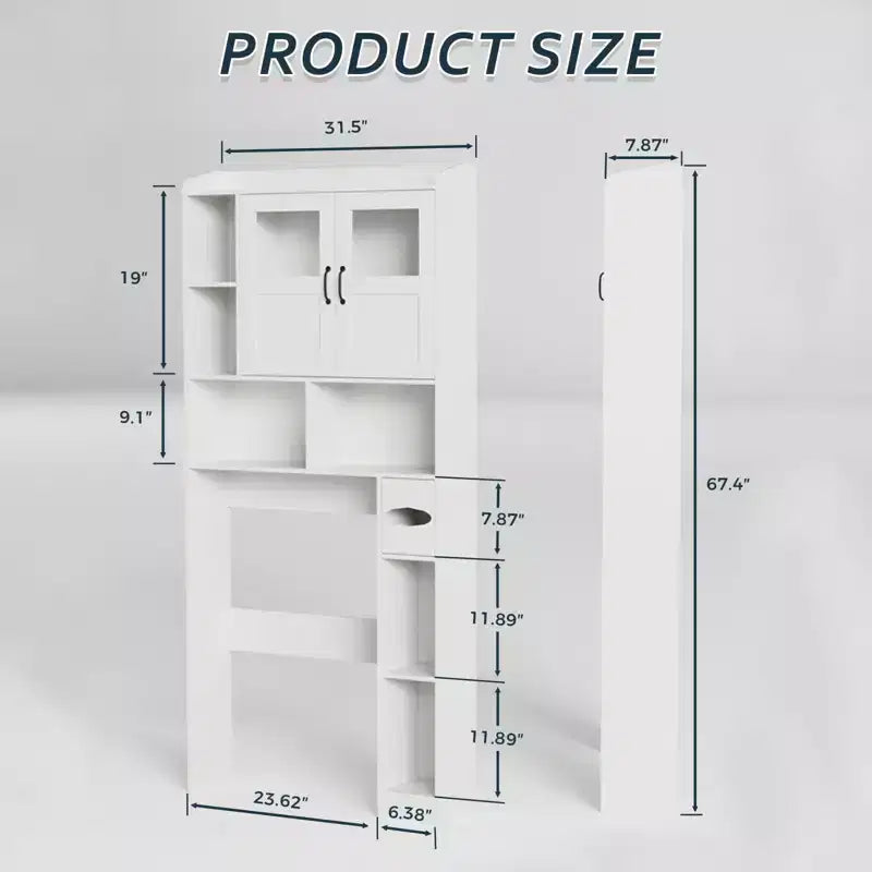 Meuble de rangement WC - 67,4 h Organisateur de rangement de salle de bain avec porte en verre, étagères réglables, meuble peu encombrant pour toilettes, buanderie