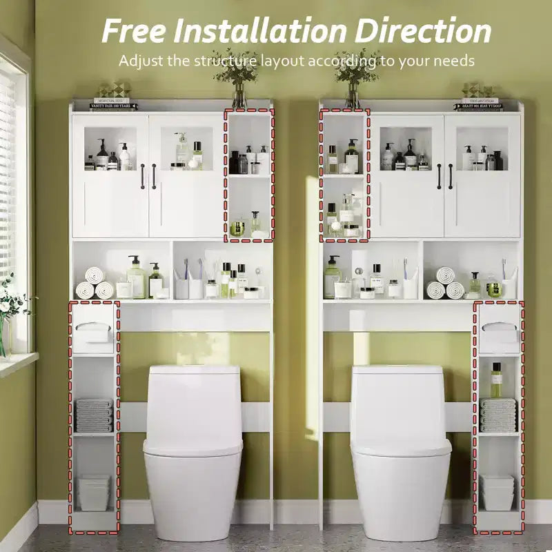 Meuble de rangement WC - 67,4 h Organisateur de rangement de salle de bain avec porte en verre, étagères réglables, meuble peu encombrant pour toilettes, buanderie
