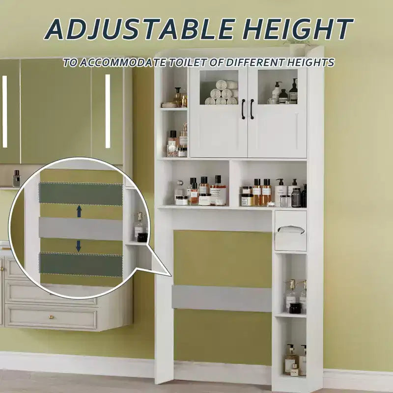 Meuble de rangement WC - 67,4 h Organisateur de rangement de salle de bain avec porte en verre, étagères réglables, meuble peu encombrant pour toilettes, buanderie