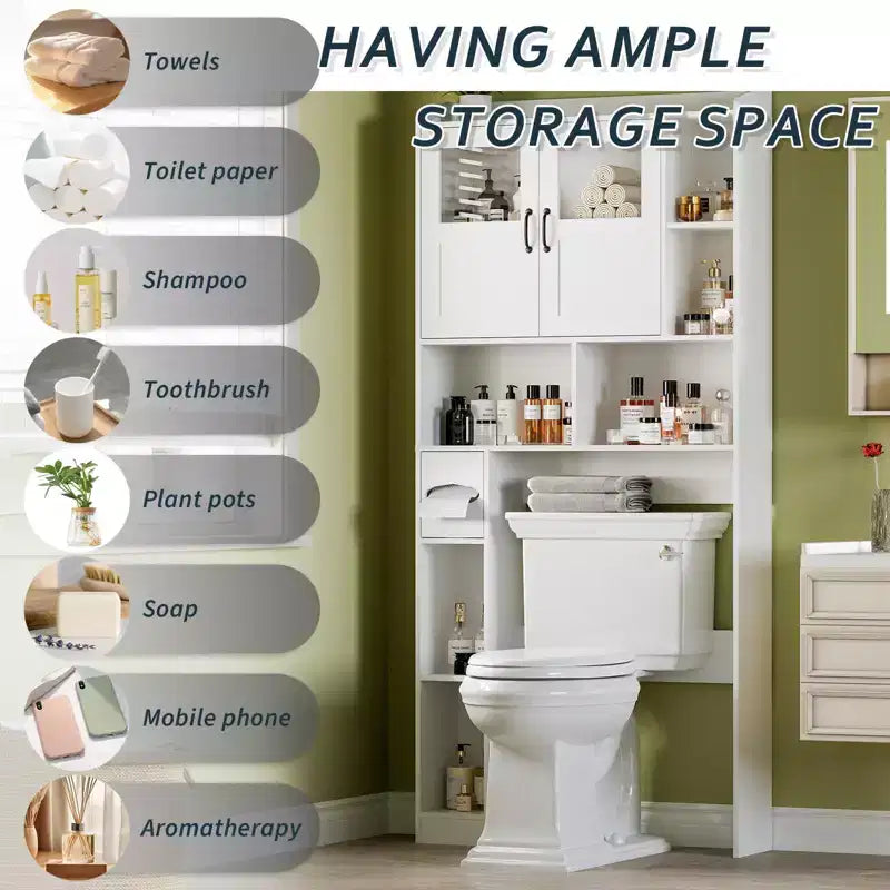 Meuble de rangement WC - 67,4 h Organisateur de rangement de salle de bain avec porte en verre, étagères réglables, meuble peu encombrant pour toilettes, buanderie