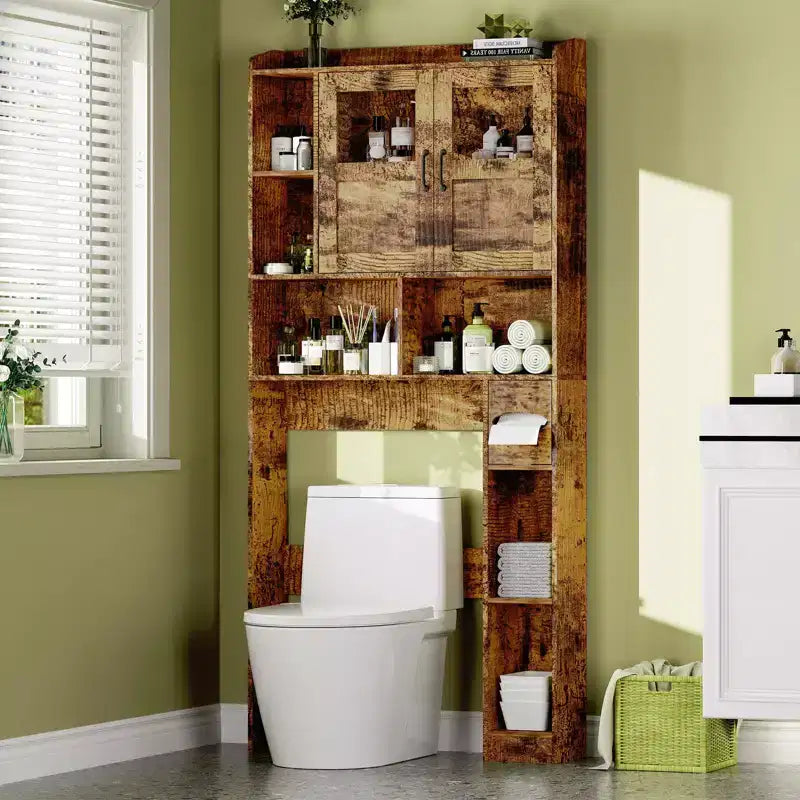 Meuble de rangement WC - 67,4 h Organisateur de rangement de salle de bain avec porte en verre, étagères réglables, meuble peu encombrant pour toilettes, buanderie